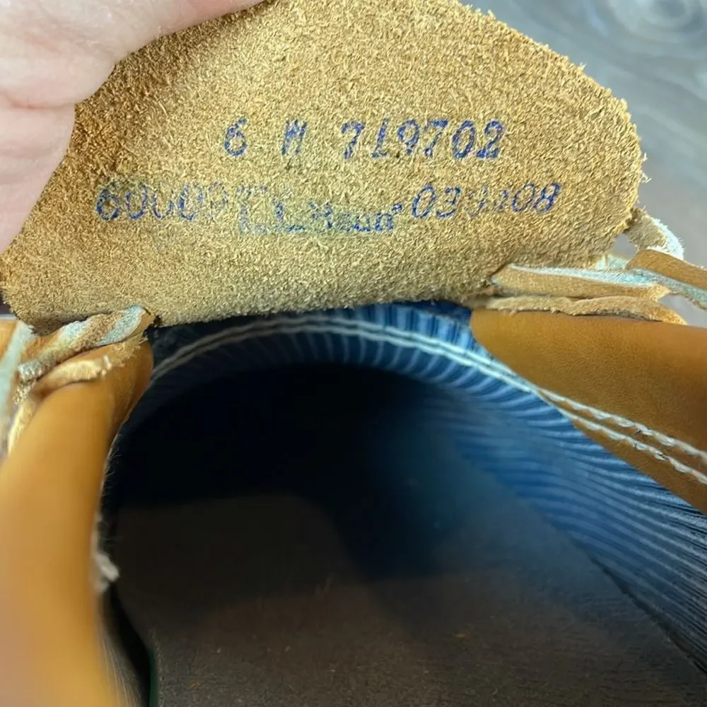 LL Bean Bean Boots Women’s Sz 6W Waterproof Tan Leather Navy Rubber Duck Boots